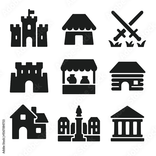 Historical Icons Grid. Solid, filled icon set of historical reenactment settings: castle, village hut, battlefield, ancient temple