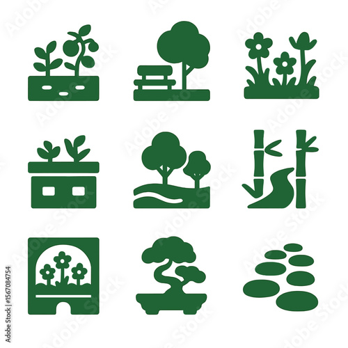 Tucked-Away Green Spaces Icons. Solid, Filled icon set of tucked-away green spaces: community garden plot, pocket park bench,