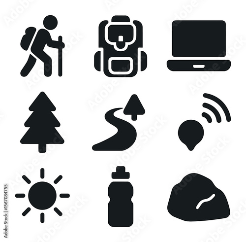Hiking Essentials Icons. Solid, filled icons set of hiking with laptop: hiker, backpack, laptop, tree, trail,