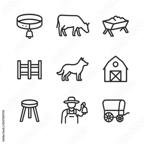 Farm Management Icons. Outline icon set of farm animal management with bell: cow collar with bell, grazing cow silhouette, feeding