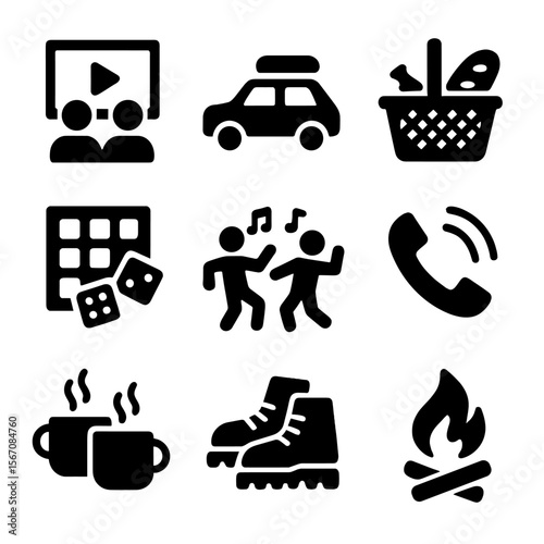 Friendship Icon Set. Solid, filled icon set of close friend activities: movie night, road trip, picnic basket, board games,