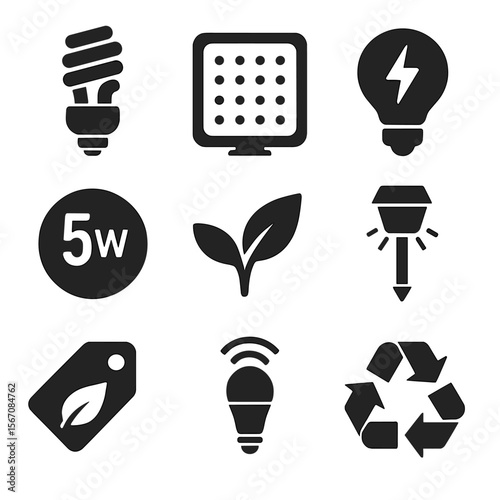 Eco-Friendly Lighting Icons. Solid, filled icons set of energy-efficient lamps: CFL bulb, LED panel, low watt
