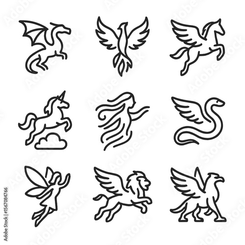 Fantasy Creature Icons. Outline icon set of fantasy creatures in flight: dragon silhouette, phoenix rising, pegasus wing, unicorn