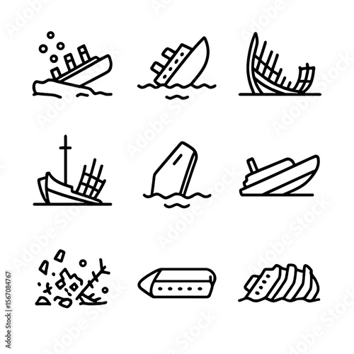 Famous Shipwreck Icons. Outline icon set of famous shipwrecks: Titanic wreck, RMS Lusitania, Mary Rose hull, Vasa ship remains,