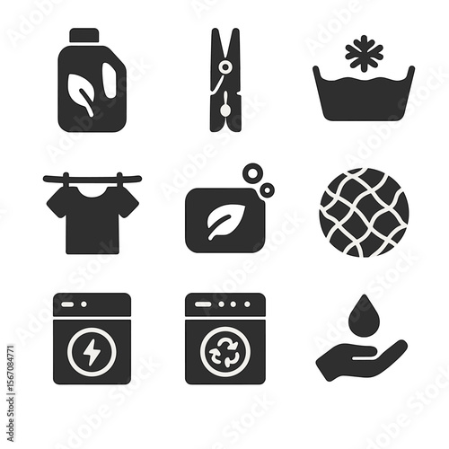 Eco-Friendly Laundry Icons. Solid, filled icons set of eco-friendly laundry habits: reusable detergent