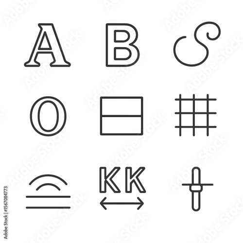 Typography Icon Set. Outline icon set of typography elements: serif letter A, sans-serif B, script flourish, outline font,