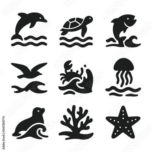 Marine Wildlife Icons. Solid, filled icon set of wildlife and waves: dolphin jump, sea turtle near surface, jumping fish, seabird