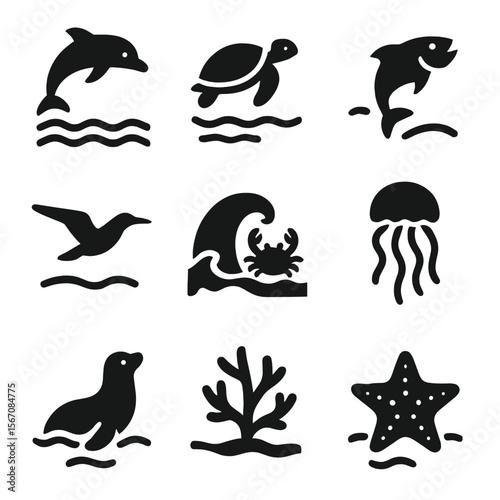 Marine Wildlife Icons. Solid, filled icon set of wildlife and waves: dolphin jump, sea turtle near surface, jumping fish, seabird