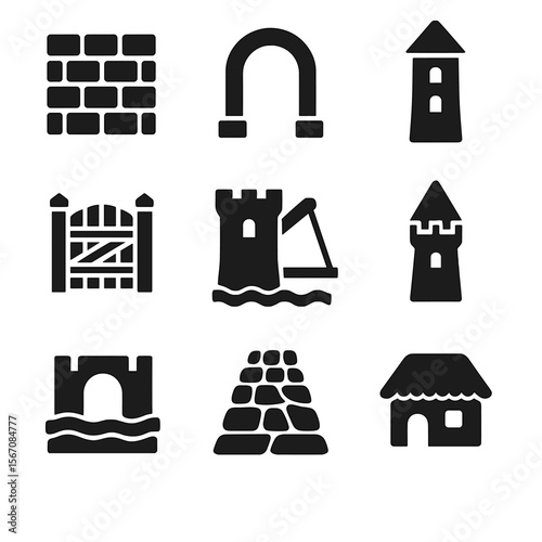 Icon Set_ History and Workplace. Solid, filled icon set of historical reenactment architecture: stone wall, archway, tower, wooden