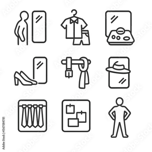 Fashion Reflection Icons. Outline icon set of outfit styling and reflection: person silhouette checking outfit, hanger with
