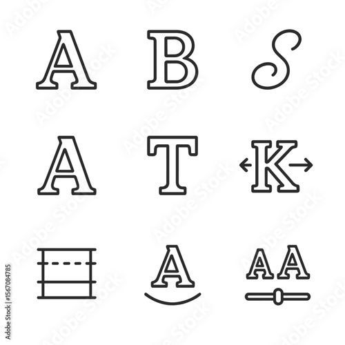Typography Icon Set. Outline icon set of typography elements: serif letter A, sans-serif B, script flourish, outline font,
