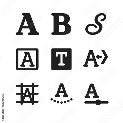 Typography Icon Set. Solid, Filled icon set of typography elements: serif letter A, sans-serif B, script flourish, outline font,