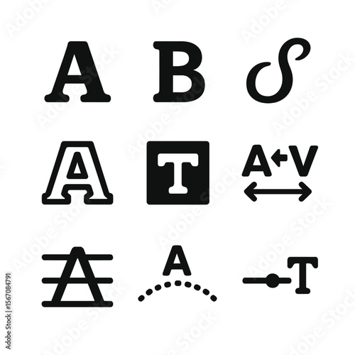 Typography Icon Set. Solid, Filled icon set of typography elements: serif letter A, sans-serif B, script flourish, outline font,