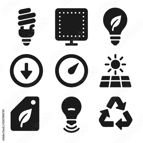 Eco-Friendly Lighting Icons. Solid, filled icons set of energy-efficient lamps: CFL bulb, LED panel, low watt