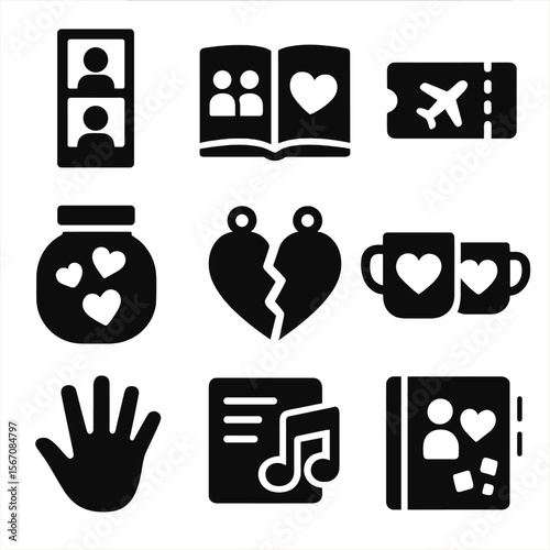 Friendship Memory Icons. Solid, filled icon set of friendship memories and keepsakes: photo strip, shared journal, travel ticket,