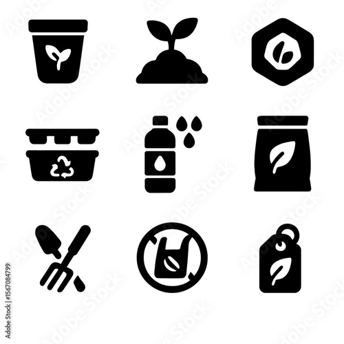 Eco-Friendly Planting Icons. Solid, filled icons set of eco-friendly seed planting: compostable pot, organic