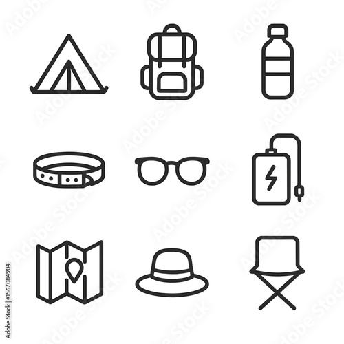 Festival Gear Icons. Outline icon set of festival-goer essentials: camping tent, backpack, water bottle, festival wristband,
