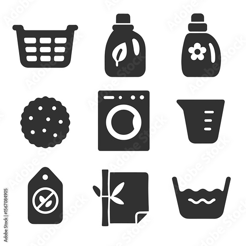 Eco-Laundry Icons Set. Solid, filled icons set of eco-laundry cleaning: laundry basket, natural detergent