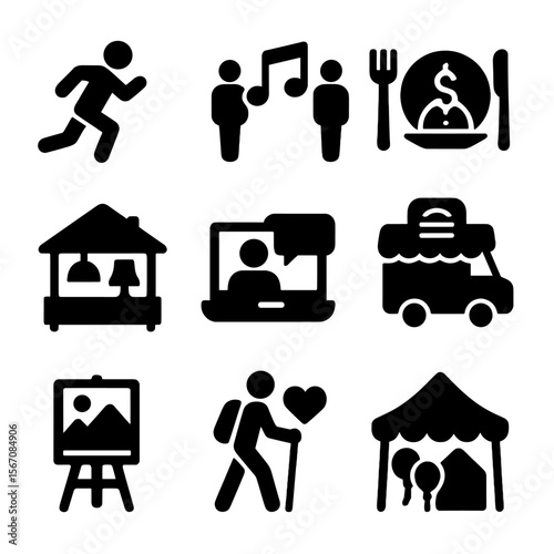 Fundraising Icon Collection. Solid, filled icon set of fundraising events: fun run, benefit concert, charity dinner, garage sale,