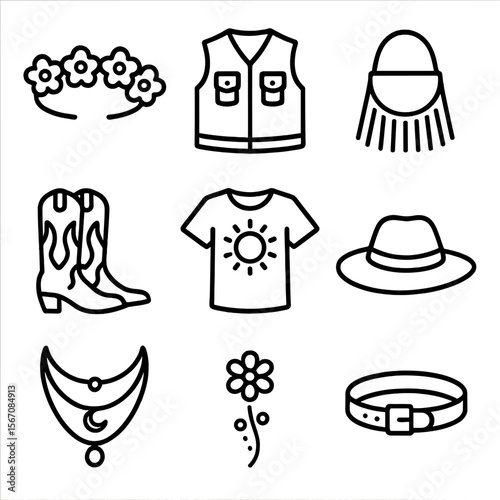 Festival Fashion Icons. Outline icon set of festival fashion and accessories: flower crown, denim vest, fringe bag, cowboy boots,
