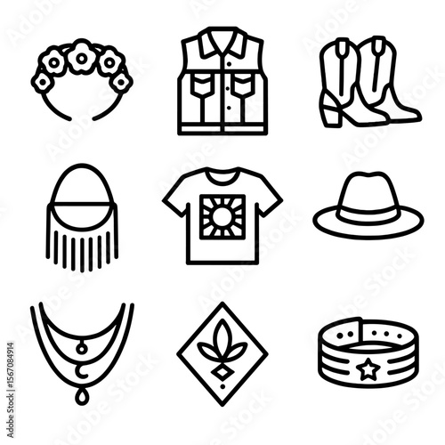 Festival Fashion Icons. Outline icon set of festival fashion and accessories: flower crown, denim vest, fringe bag, cowboy boots,