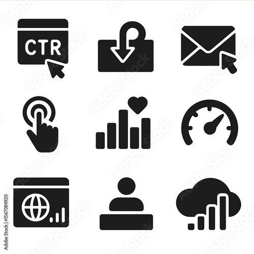 Marketing Metrics Icons. Solid, filled icon set of marketing metrics visualization: CTR icon, bounce rate symbol, email open icon,