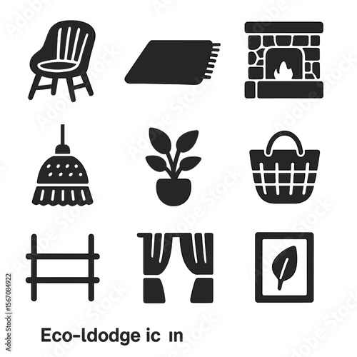 Eco-Lodge Interior Icons. Solid, filled icons set of eco-lodge interior design: wicker chair, natural fiber