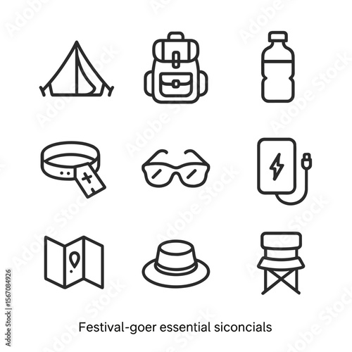 Festival Gear Icons. Outline icon set of festival-goer essentials: camping tent, backpack, water bottle, festival wristband,