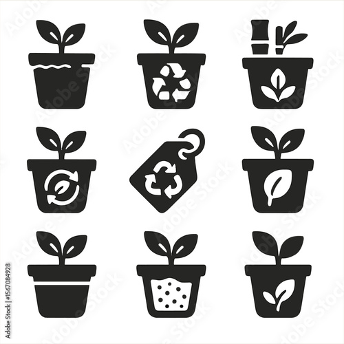 Eco-Friendly Pot Icons. Solid, filled icons set of eco-friendly plant pots: biodegradable pot, recycled