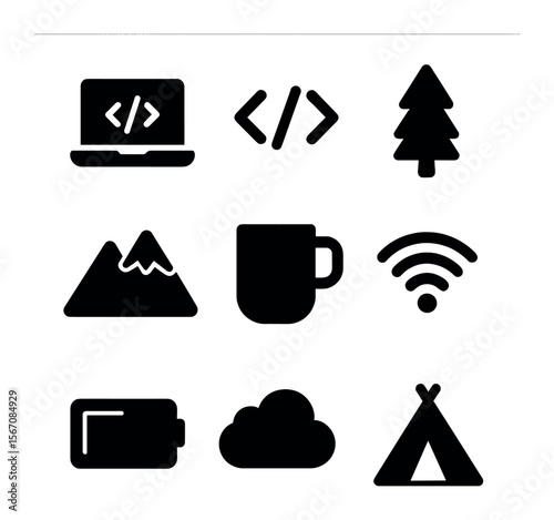 Nature Coding Icons. Solid, filled icons set of coding in the wild: laptop, code brackets, tree, mountain, mug