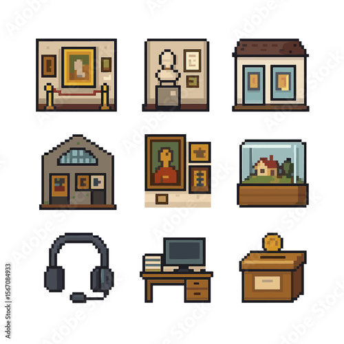 Underappreciated Museums Icons. Pixel art icon set of underappreciated museums: private collection gallery, niche history exhibit,