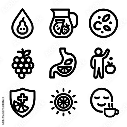 Fruit Infusion Icons. Solid, filled icon set of Fruit infusion benefits: hydration, detox, vitamin C, antioxidants, digestion aid,