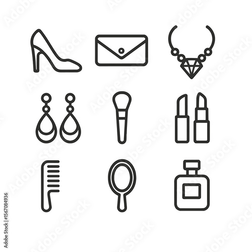 Fashion Icon Set. Outline icon set of styling and accessories: high heel shoes, clutch purse, diamond necklace, statement earrings