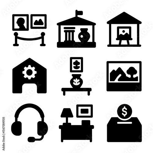 Underappreciated Museums Icons. Solid, Filled icon set of underappreciated museums: private collection gallery, niche history