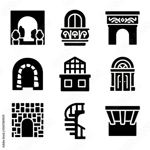 Unique Architecture Icons. Solid, Filled icon set of unique architecture finds: hidden courtyard, art nouveau balcony, carved