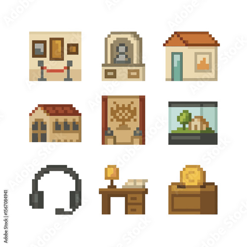 Underappreciated Museums Icons. Pixel art icon set of underappreciated museums: private collection gallery, niche history exhibit,