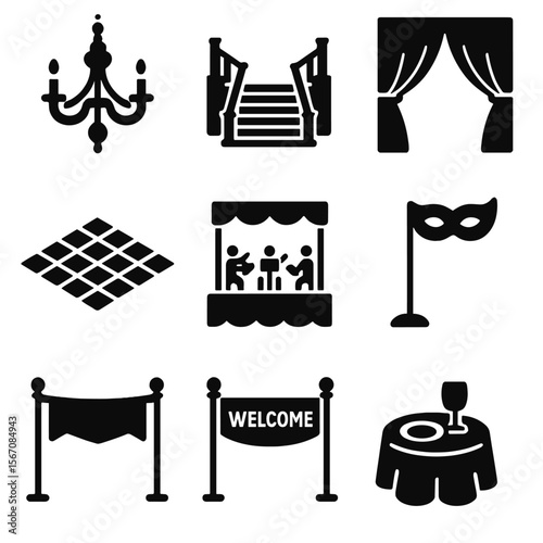 Masquerade Ball Icons. Solid, filled icon set of masquerade ball elements: chandelier, grand staircase, curtain drapes, ballroom