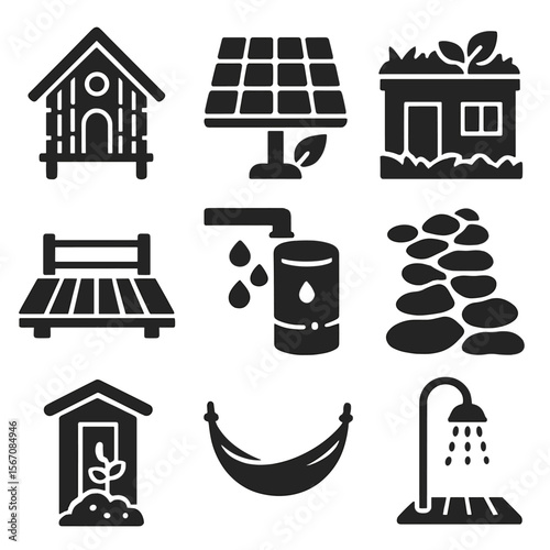 Eco-Lodge Icon Set. Solid, filled icons set of eco-lodge architecture: bamboo cabin, solar panel, green roof,