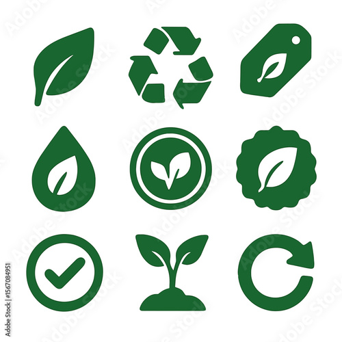 Eco Icon Set. Solid, filled icons set of green label design with eco vibes: leaf icon, recycled badge,