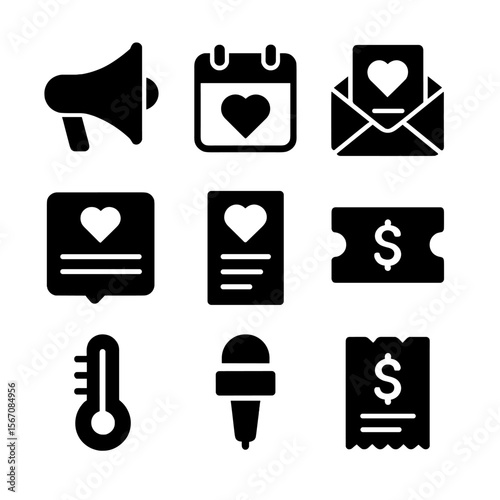 Fundraising Tools Icons. Solid, filled icon set of fundraising tools: megaphone, calendar, email newsletter, social media post,