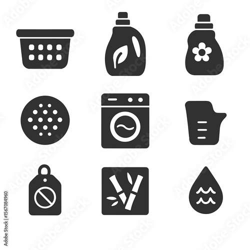 Eco-Laundry Icons Set. Solid, filled icons set of eco-laundry cleaning: laundry basket, natural detergent