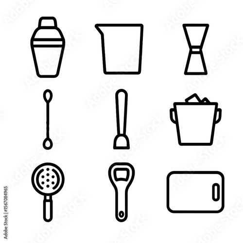 Home Bar Essentials Icons. Solid, filled icon set of home bar setup essentials: cocktail shaker, mixing glass, jigger, bar spoon,