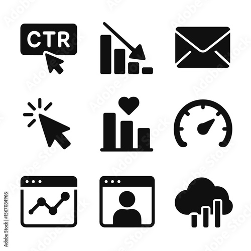 Marketing Metrics Icons. Solid, filled icon set of marketing metrics visualization: CTR icon, bounce rate symbol, email open icon,