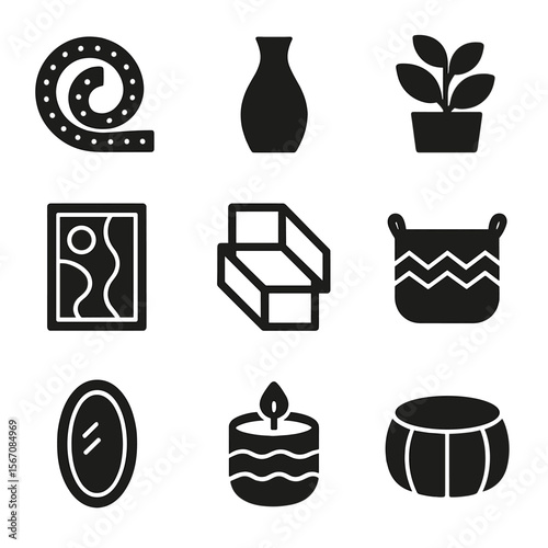 Home Decor Icons. Solid, filled icon set of home decor trends: LED strip lights, minimal vase, indoor plant, abstract art,