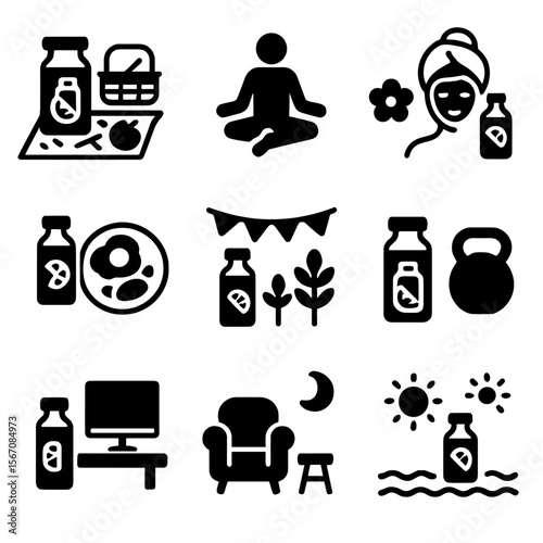 Fruit Infusion Icons. Solid, filled icon set of Fruit infusion occasions: summer picnic, yoga session, spa day, brunch, garden