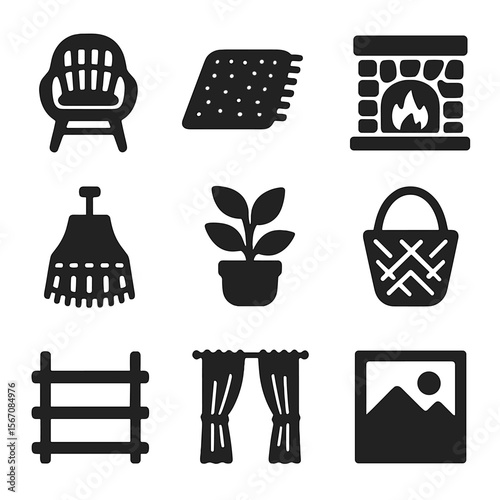 Eco-Lodge Interior Icons. Solid, filled icons set of eco-lodge interior design: wicker chair, natural fiber