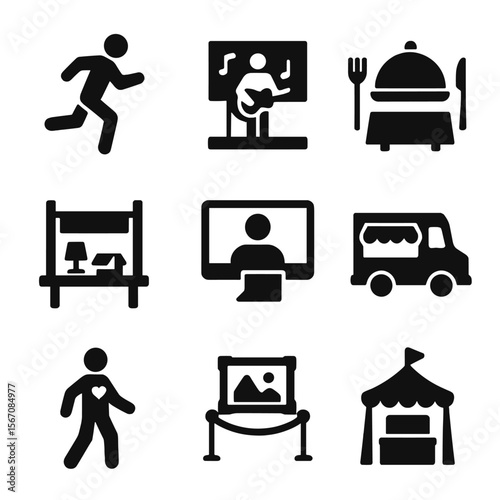 Fundraising Icon Collection. Solid, filled icon set of fundraising events: fun run, benefit concert, charity dinner, garage sale,