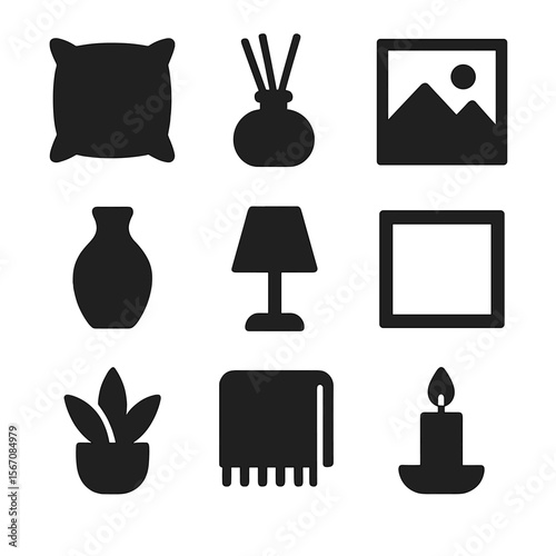 Home Decor Icon Set. Solid, filled icon set of home decor gifts: decorative pillow, scented diffuser, wall art, vase, table lamp,