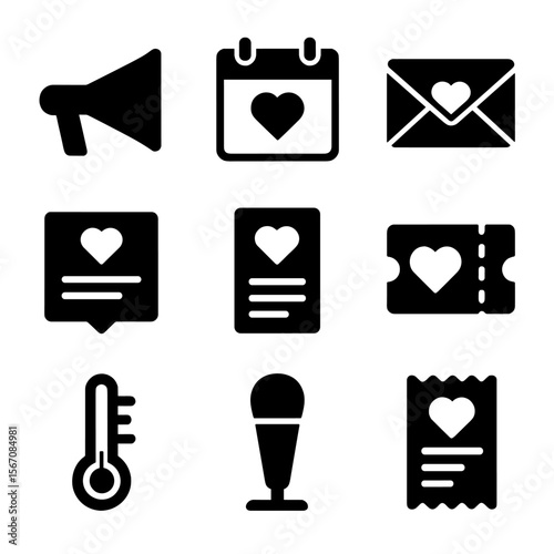 Fundraising Tools Icons. Solid, filled icon set of fundraising tools: megaphone, calendar, email newsletter, social media post,