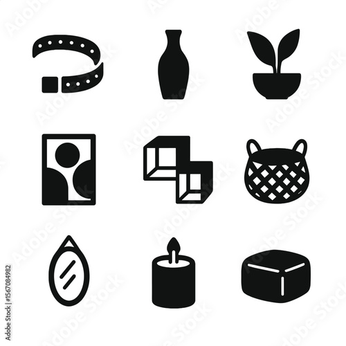 Home Decor Icons. Solid, filled icon set of home decor trends: LED strip lights, minimal vase, indoor plant, abstract art,